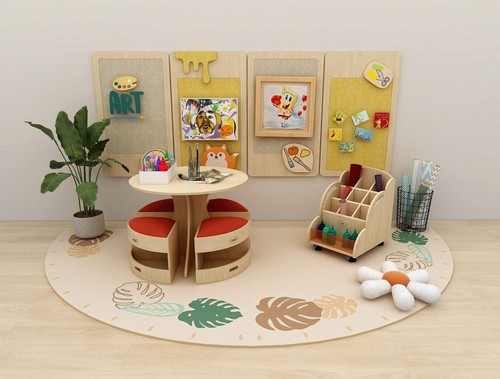Jooyes Kids Round Wooden Table with Storage Stools Blue - Set Of 5 - Picture 4 of 4