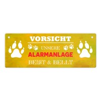 Vorsicht Unsere Alarmanlage BeißT & Bellt Metallschild In Gelb