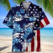 Turtle Tropical Us Flag Hawaiian Shirt Summer Hawaii Turtle Beach Shirt Animal H