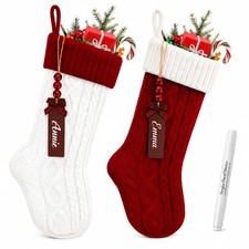 2Pcs Personalised Christmas Stocking, 18 Inch White Large Knit Christmas