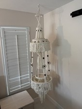 Vintage Boho Macrame Plant Hanger 78  Creme with Brown Wooden Beads