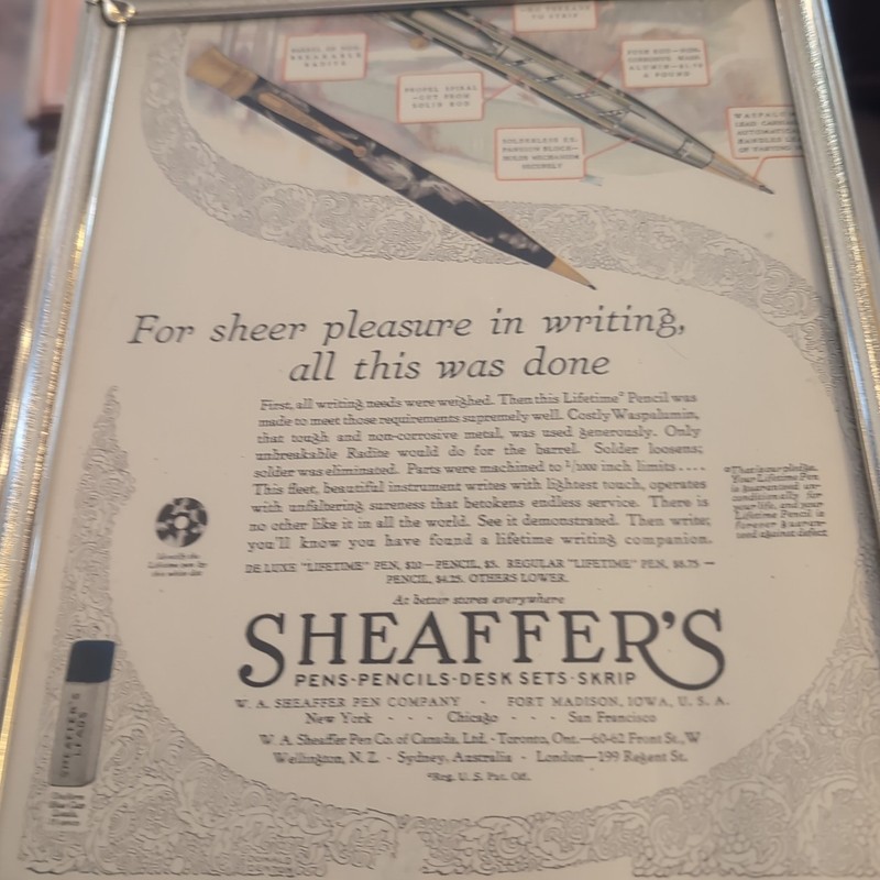 Vintage Framed Sheaffers Pen Ad