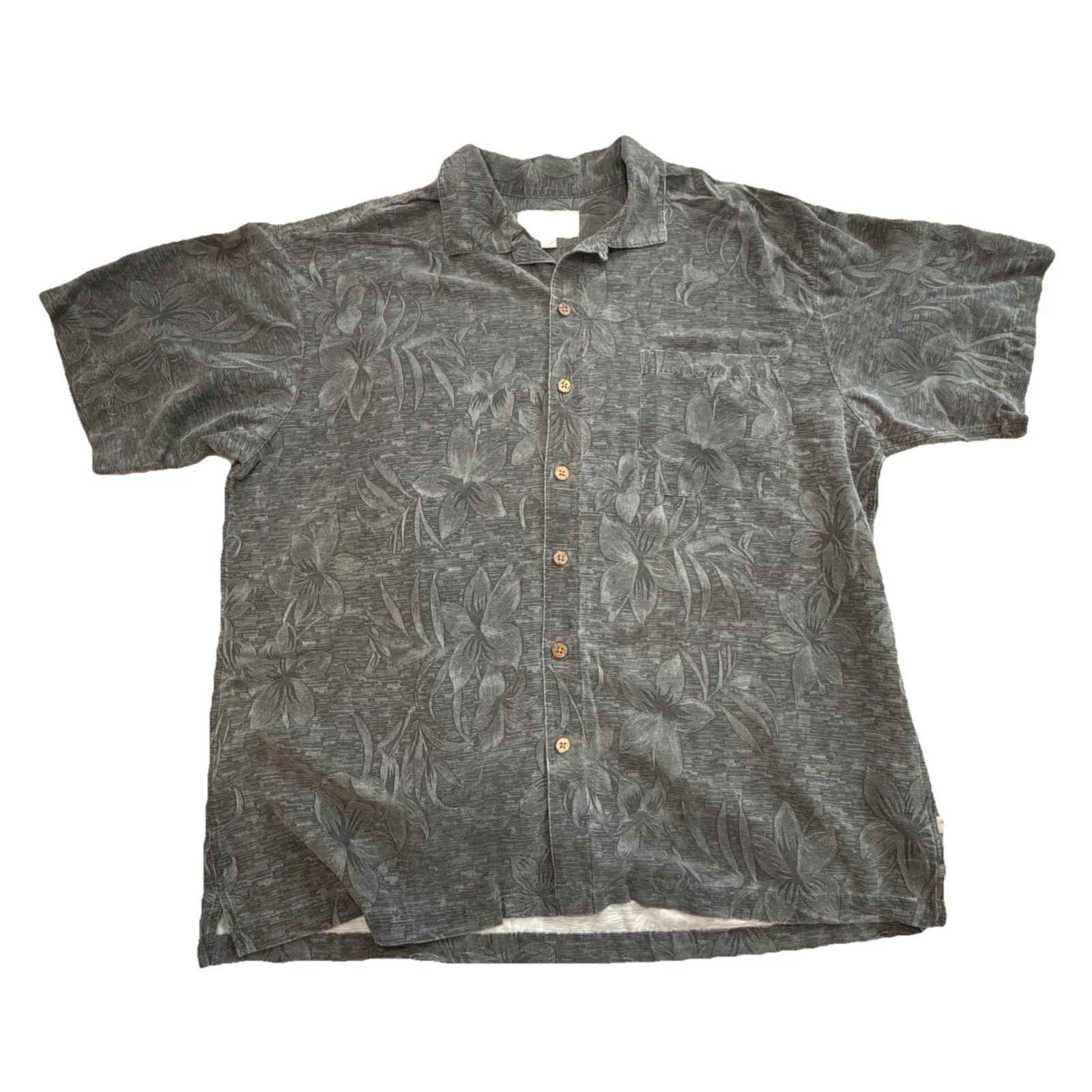Island Shores Silk Hawaiian Aloha Shirt Gray Floral Button Up XL