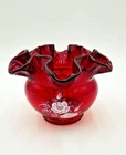 Vintage Hand Painted & Signed Fenton Ruby Red Rose Bowl Vase 3.75"