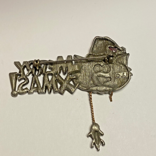 Christmas Cat & Mouse Pin JJ Jonette "Merry Christmas!" Silver Tone 97200 - Picture 2 of 10