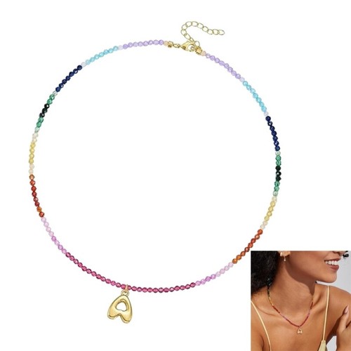 Multicolor Gemstones Letter Pendant Necklace Trendy Beach Jewelry for Women