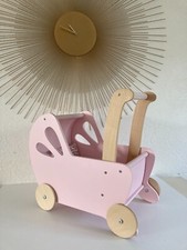 ☻Jouet Poussette Landau de Poupée en Bois Couleur Rose