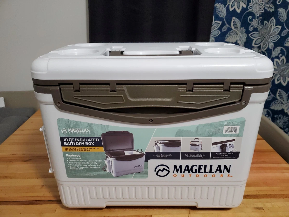 Magellan 19 Quart Fishing Bait Dry Box Ice Cooler w/ Shoulder Strap & Rod  Holder