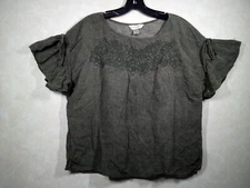 Christopher & Banks Petite Top Women P/S Green Embroidered Ruffled