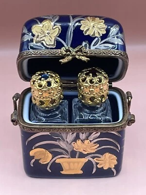 LIMITED 754/1000 Limoges France  Blue & Gold Floral Perfume Chest Trinket Box  - Picture 1 of 9