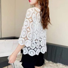 Donna Cavo Uncinetto Top Corto Maglia Pullover Mezza Manica Bolero Pareo Mare