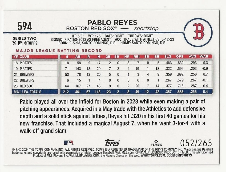 2024 Topps Complete Set PABLO REYES Hobby Foilboard 052/265 Red Sox #594 - Image 2 of 2