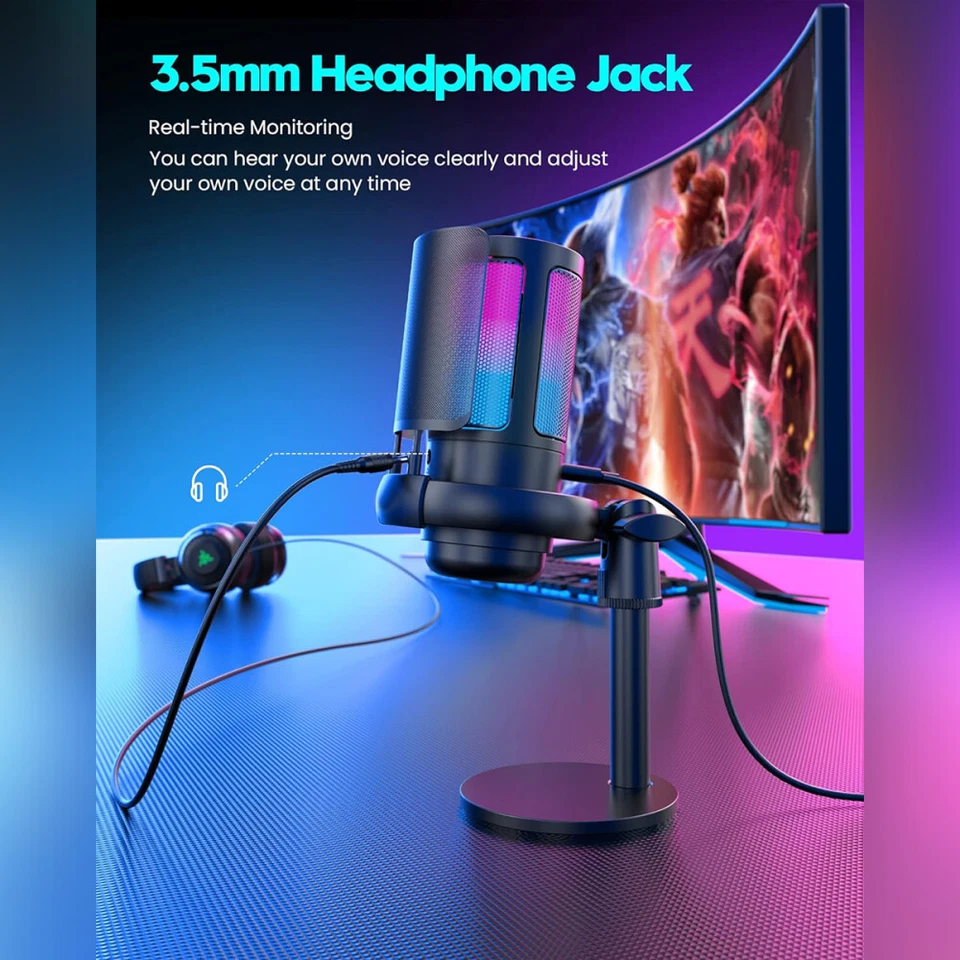 Gaming USB Mikrofon PC Microphone Streaming RGB Podcast Studio Kondensator Mic - Bild 3 von 4