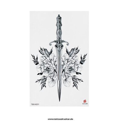 2 x Dolch Tattoo in schwarz - Pfingstrosen - Temporary Body Tattoo - TBS8231 (2)
