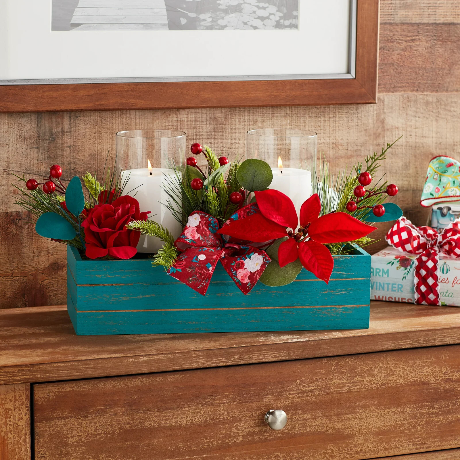 Pioneer Woman Christmas Hurricane Centerpiece Cheerful Rose Floral Wood Box Red