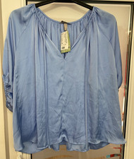 BNWT H&M Blue Silky Satin Short Puff Sleeve Tie Neck Peasant Blouse Top XL