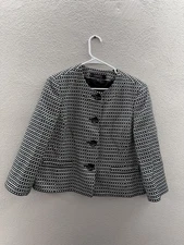 Kasper Womens Blazer Size Petite 14 Black & White Button Up Lined