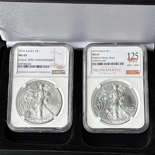 2 Coin 2016 P NGC MS 69 30th & 125th Anniversary Set Silver Eagles 2oz total