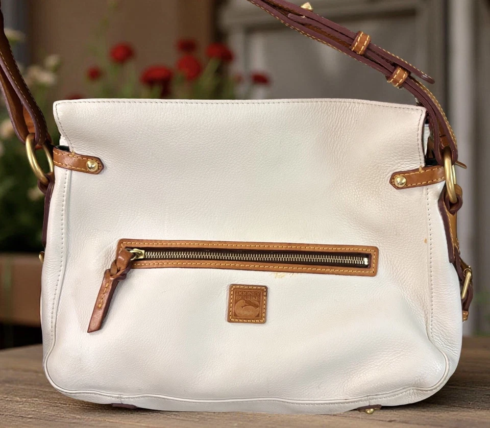 Dooney Bourke White Brown Pebbled & Florentine Leather Medium Zip Hobo Bag - Image 2 of 4