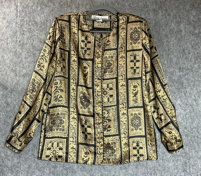 Vintage Gloria Lance Shirt Womens Medium Black Gold Baroque Button Front Blouse