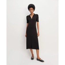 Everlane Women Black Ribbed Viscose Midi Dress Split Neck Polo Knit Collar M