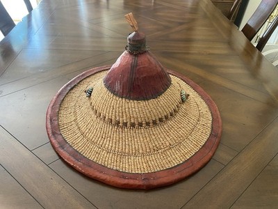 African Tribal Fulani Leather & Straw 18.5'' Wide Conical Hat Mali Wodaabe Tribe