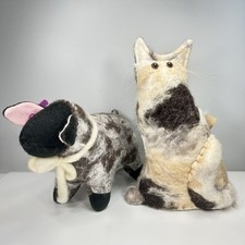 Sheep & Barn Kitty Cat Art Plush Decor Figurine Rabbit Fur Virgin Wool Handmade