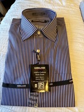 Kirkland Signature Men's Long Sleeve Dress Shirt Striped Blue  Pink, 15.5-33