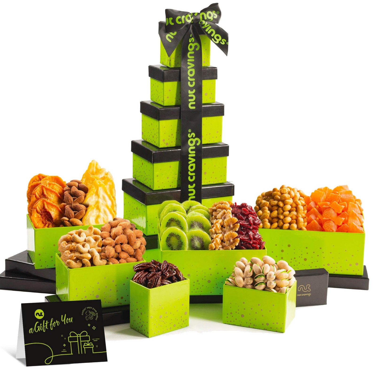 Cravings gourmet fruit & nut gift basket green tower 12 piece assorted snack set