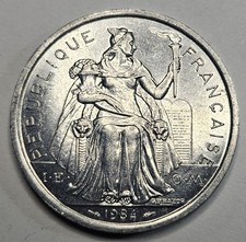 1984 French Polynesia 2 Two Francs - Aluminum  - 1.2 Million Minted - World Coin