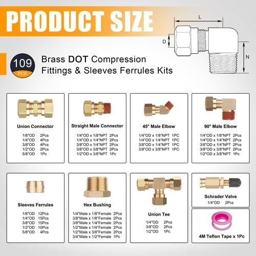 Accesorios de línea de freno de aire DOT de latón Ailbiuko 109 piezas, 1/4" 1/8" 3/8" 1/2" 5/8" C... - Imagen 2 de 6