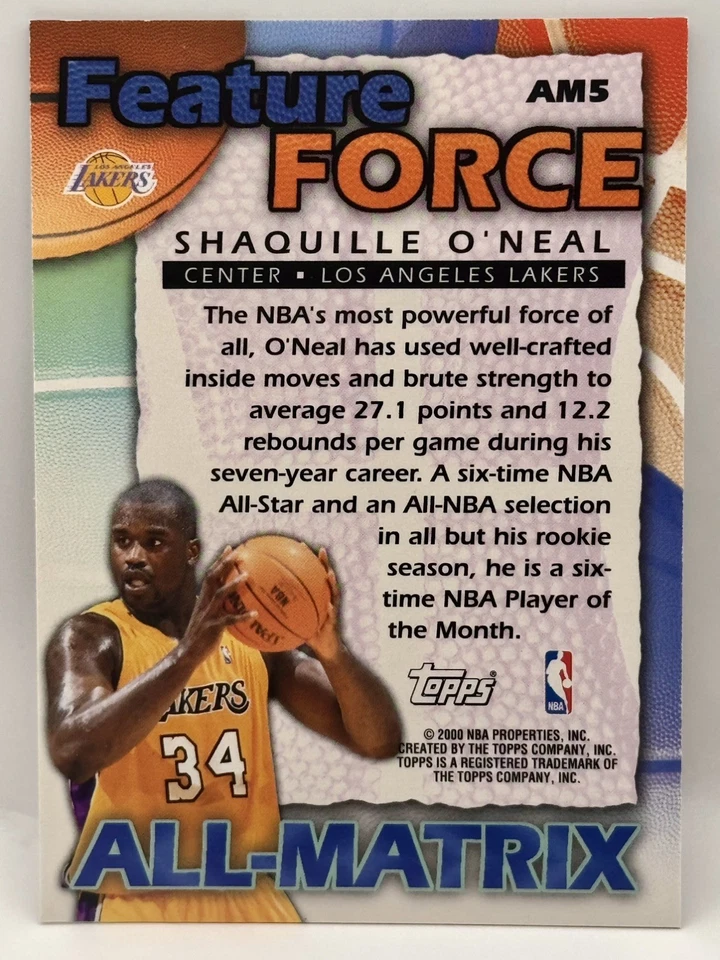 Tarjeta de baloncesto Shaquille O'Neal 1999-2000 Topps All-Matrix NBA Foto 2 de 2