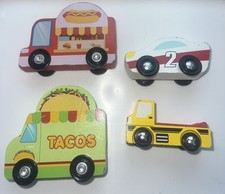 Lot of 4 Wooden Race Cars,Toco  Hotdog Trucks Vehicles