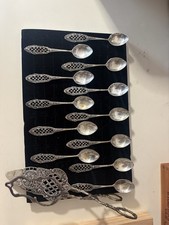 13 PIECE ANTIQUE 800 SILVER LATTICE DEMITASSE SPOONS AND PASTRY TONG SET 