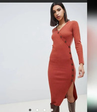 Ophelia Roe Asymmetric Button Ribbed Sweater Dress S Rust/Burnt Orange NWT