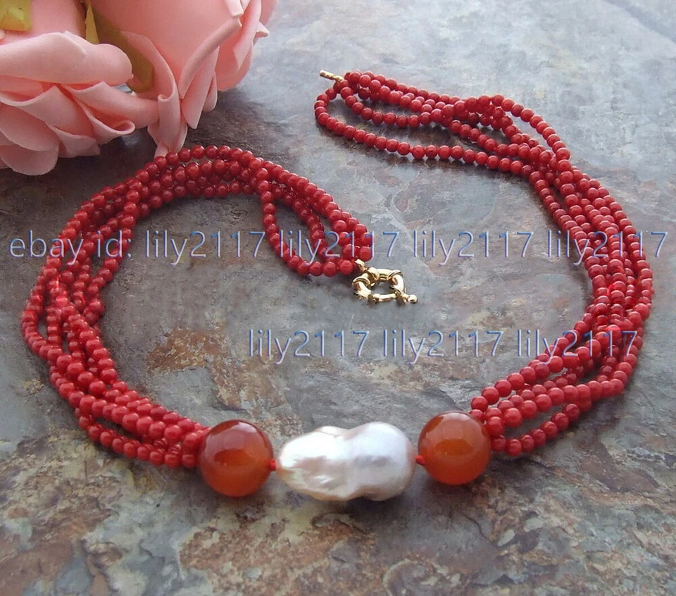 Ожерелье с подвеской в виде сердолика 20 дюймов 5 нитей 4 мм красный коралл белый кеши барокко жемчуг - Изображение 3 из 3
