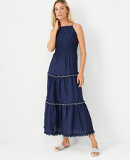 NEW ANN TAYLOR 209 PURE SAPPHIRE SMOCKED SCALLOPED TIERED MAXI DRESS SZ XS