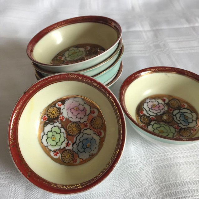 Japanese Dipping Bowls Floral Patten Gold Trim Made In Occupied Japan