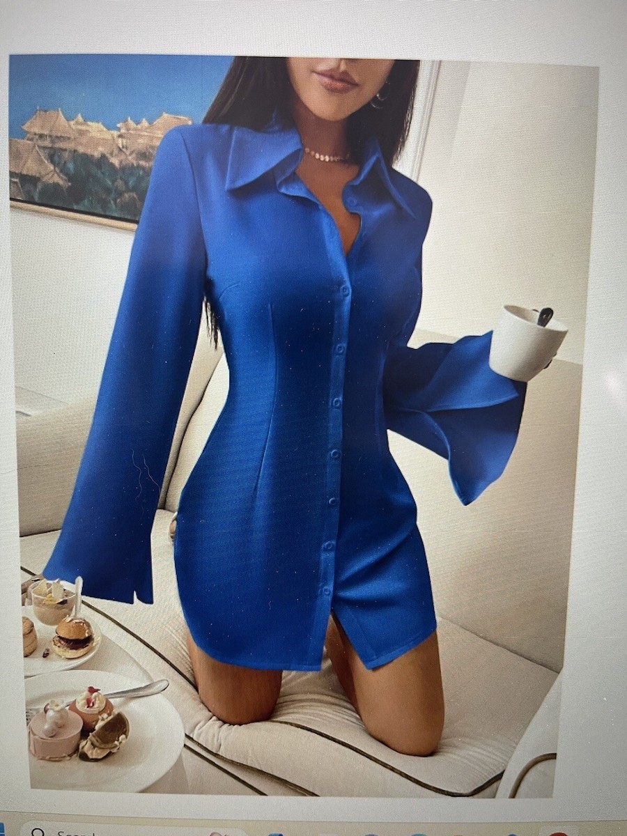 Small SHEIN Essence Split Sleeve Blue Shirt Dress