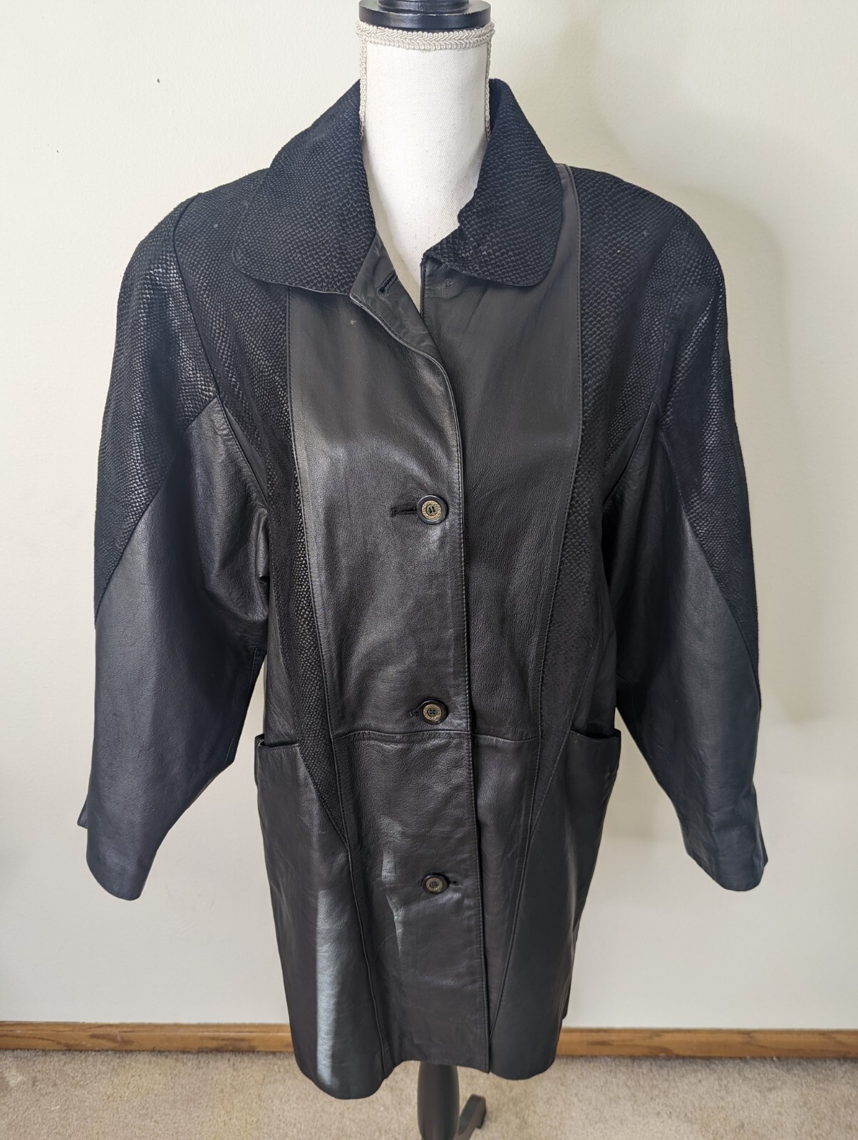 Vtg 80s Black Leather Leopard Patchwork Women's C… - image 1