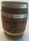 VINTAGE FIRST NATIONAL BANK 6" WOOD BARREL COIN BANK w/ COMBINATION LOCK — photo 1