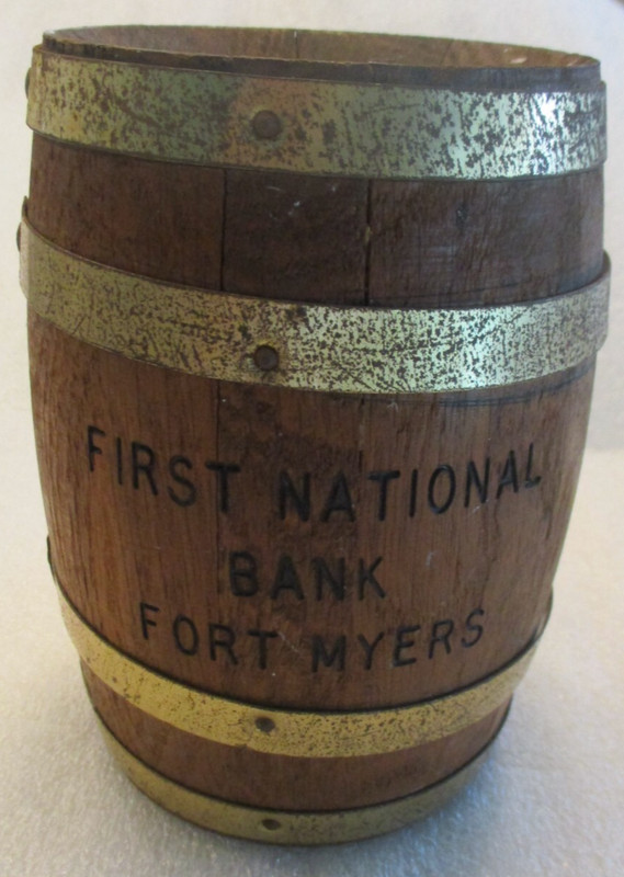 VINTAGE FIRST NATIONAL BANK 6" WOOD BARREL COIN BANK w/ COMBINATION LOCK