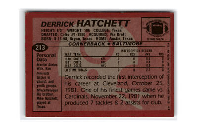 Derrick Hatchett Football #213 1983 Topps Baltimore Colts | eBay