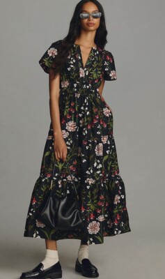 anthropologie black motif dress Anthropologie The Somerset Maxi Dress Tiered Smocked Floral Black Motif  XXSP NEW