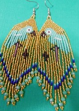 Handmade Huichol Earrings Gold Blue Parakeet Big Dangler Earrings Muilticolor