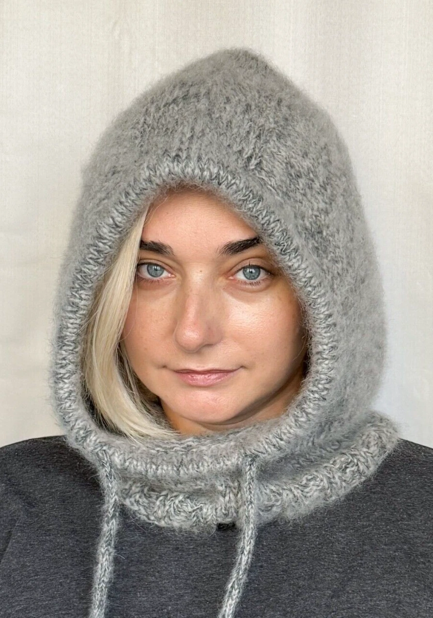 US Stock Grey melange Knit Alpaca Hood, Fluffy Hooded Scarf, Knit Balaclava