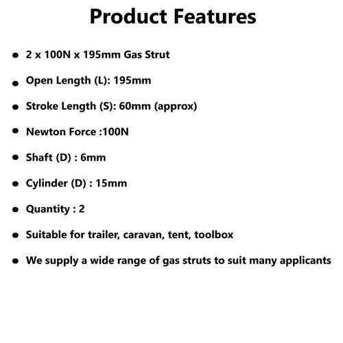 Gas Strut 195mm-100N x2 (6mm Shaft) Caravans, Trailers, Canopy, Toolboxes Struts - Picture 2 of 11