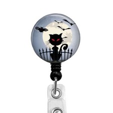 Halloween Themed Black Cat And Bats Badge Reel Retractable Badge Holder, 317B