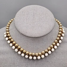 Embellished Beaded Necklace Gold Tone White Acrylic Dangle Collar Adjustable 15"