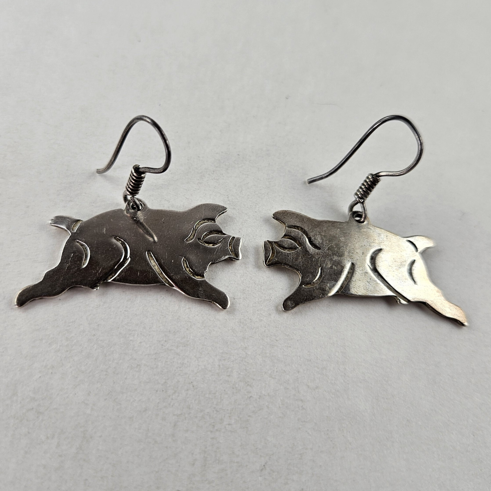 Sterling Silver Pig Earrings Dangle Pierced Mexico Taxco TS-53